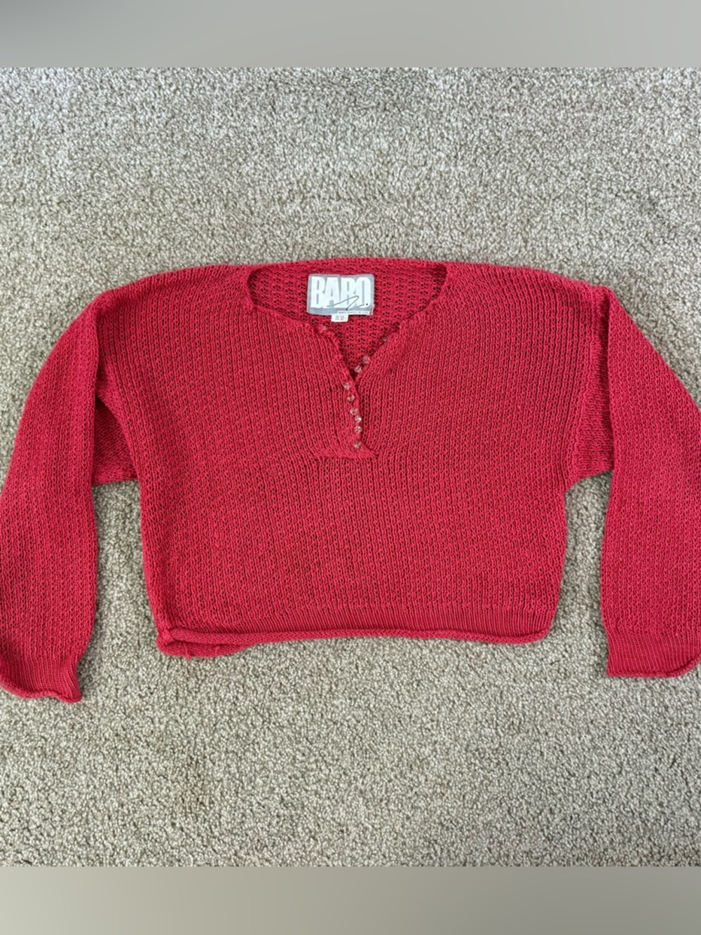 BARO Handloomed in USA Red Knit Sweater One Size Cropped Chunky Henley Top